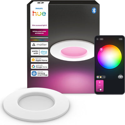 Dünner LED-Einbaustrahler von Philips Hue – Badezimmerbeleuchtung – Gu10-Fassung – enthält 1 Einbaustrahler – einstellbares weißes und farbiges Licht – weiß – IP44: spritzwassergeschützt – ø: 90 mm – intelligente Beleuchtung