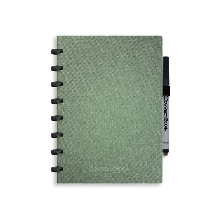 Correctbook a5 löschbares Notizbuch – Leinen-Hardcover – wiederverwendbares Notizbuch – olivgrün – blanko – inklusive Stiftwischtuch – kann mit zusätzlichen Seiten ergänzt werden