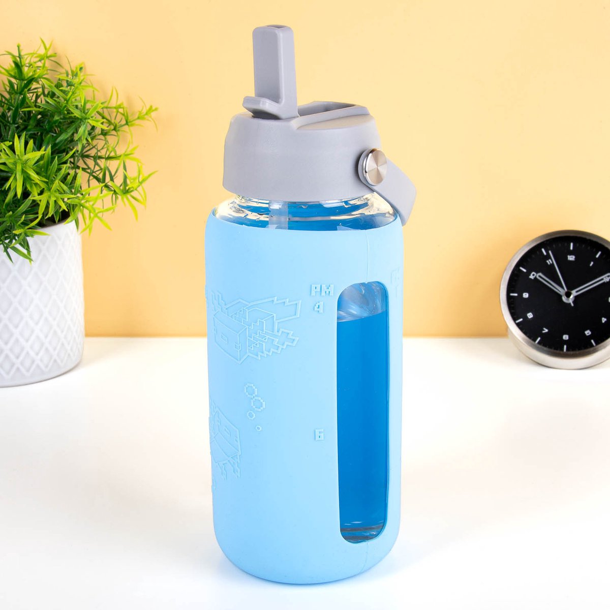 Paladone Minecraft Wasserflasche Glas 800 ml – Axolotl-Design mit Silikonhülle