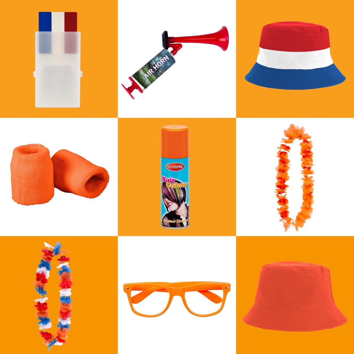 WM-Partypaket 3 orangefarbenes WM-Fanpaket – Gesichtsbemalung, Haarspray, Hut-Partyzubehör