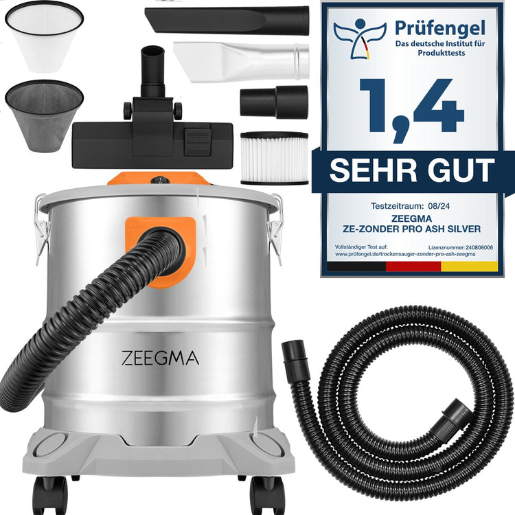Zeegma ohne Pro-Asche – Staubsauger für Asche und Schmutz – 1600 W – 20 l – Industriestaubsauger – Edelstahlbehälter – Hepa-Filter – Blasfunktion, 5 m Kabel