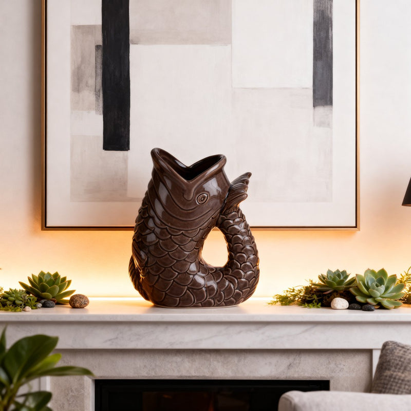 Arti casa Dekovase Fischform – dunkelbraune Vase zur Innendekoration – einzigartige Vase für Blumen oder Wohnaccessoire – 13,2 x 8 x 16,8 cm