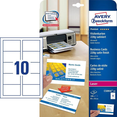 Avery Visitenkarten, 85 x 54 mm, 220 g, weiß, 10 Blatt, 10 Karten pro Blatt av-c32016-10