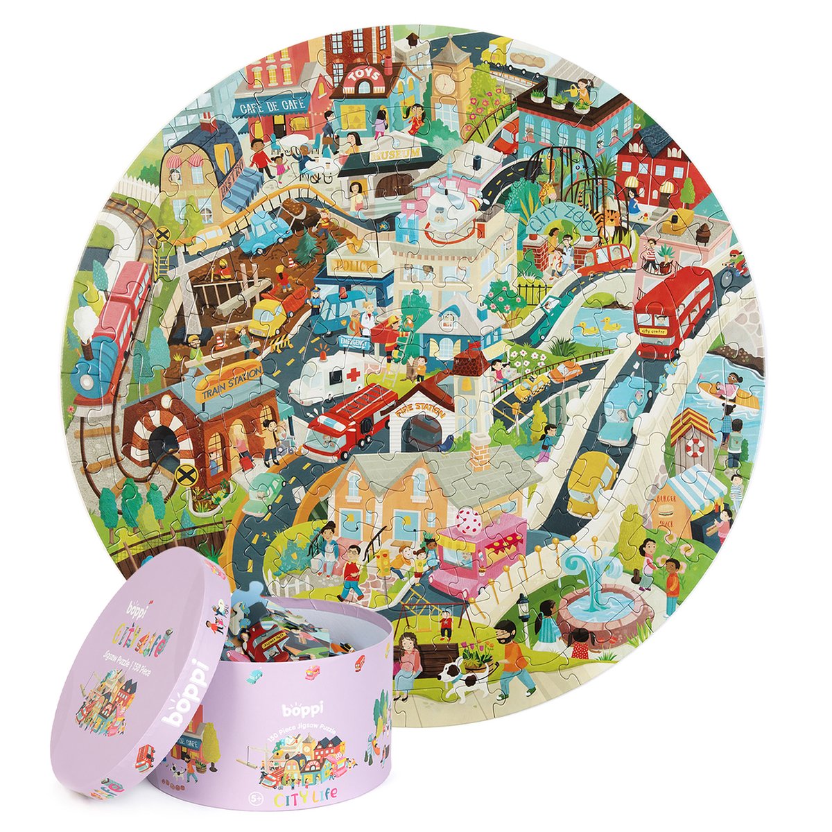 Boppi Stadtleben – rundes Puzzle – 150 Teile – 58 cm Durchmesser – hergestellt aus 3-lagigem Recyclingkarton