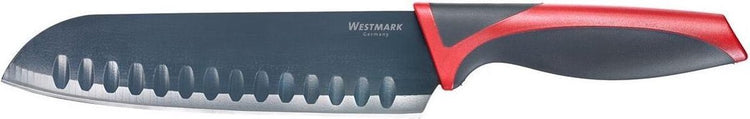 Westmark Santoku knife kitchen knife, blade length 17 cm, wide blade with dimples, with blade protector, stainless steel plastic, anthracite red, 14562270