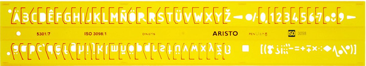 Aristo-Buchstabenschablone – Maße 180 x 40 mm – Buchstabenhöhe 7 mm – H-Profil – orange transparent – AR-5301 7
