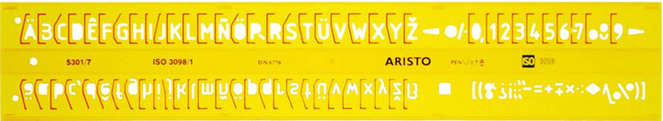Aristo-Buchstabenschablone – Maße 180 x 40 mm – Buchstabenhöhe 7 mm – H-Profil – orange transparent – AR-5301 7