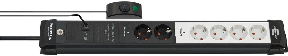 Brennerstuhl premium-line Komfortschalter plus Steckdose 6-fach schwarz lichtgrau 3m h05vv-f 3g1,5 2 x permanent, 4 x schaltbar