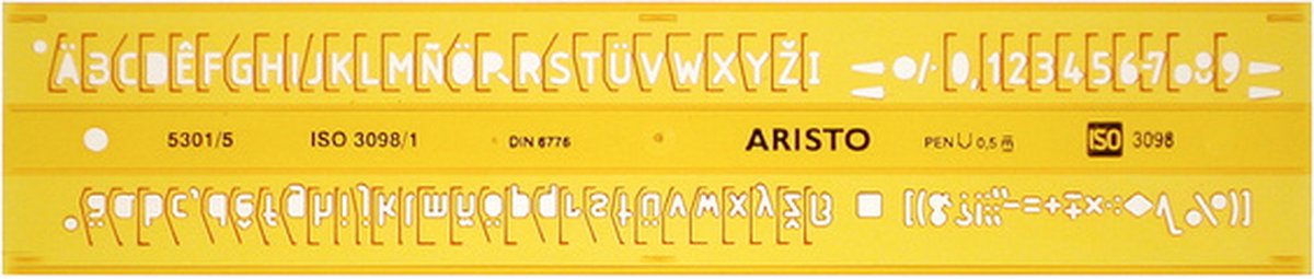 Aristo-Buchstabenschablone – Maße 180 x 40 mm – Buchstabenhöhe 5 mm – H-Profil – orange transparent – AR-5301 5