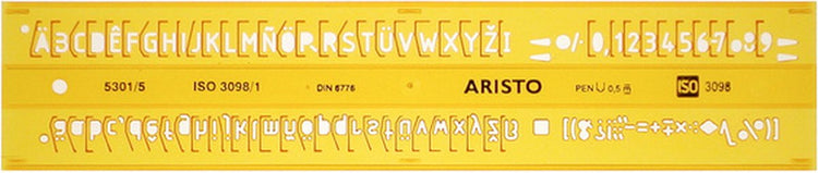 Aristo-Buchstabenschablone – Maße 180 x 40 mm – Buchstabenhöhe 5 mm – H-Profil – orange transparent – AR-5301 5