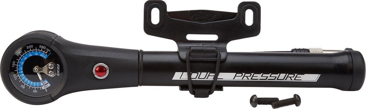 BBB Cycling Dual-Druck-Mini-Fahrradpumpe mit Manometer – Mountainbike-Pumpe – Vorderradgabel und Dämpferpumpe – 21 bar – Schwarz – BMP-39