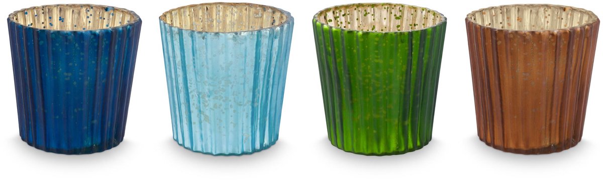 Pip Studio Teelichthalter 4er-Set - Kerzenhalter aus Glas - Blau - 7x7cm