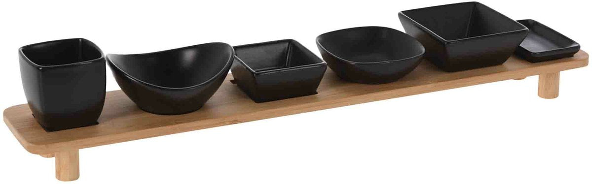 Ausgezeichnetes Servierbrett für Haushaltswaren – mit 6 Snack-Sauce-Tapas-Gerichten – Schalen – Holz – 50 x 8 cm