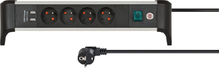 Brennerstuhl alu-office-line Steckdosenleiste 4-fach Pin Erde mit USB (Steckdosenblock für den Schreibtisch mit 1,8 m Kabel und Schalter, Made in Germany)