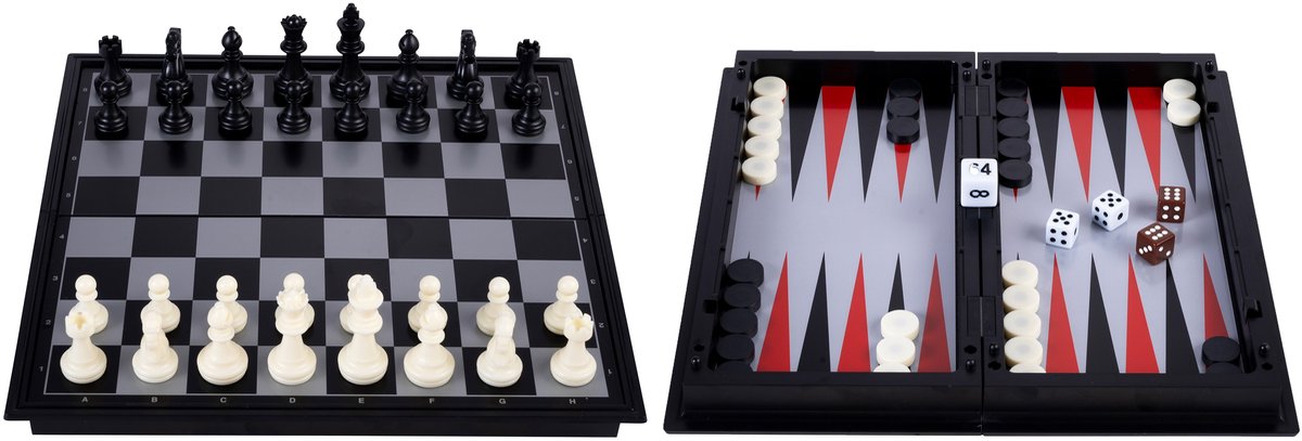 Engelhart Reisespiel Schach Backgammon 24 cm – magnetisch faltbar – inklusive Staufach – König 50 mm –