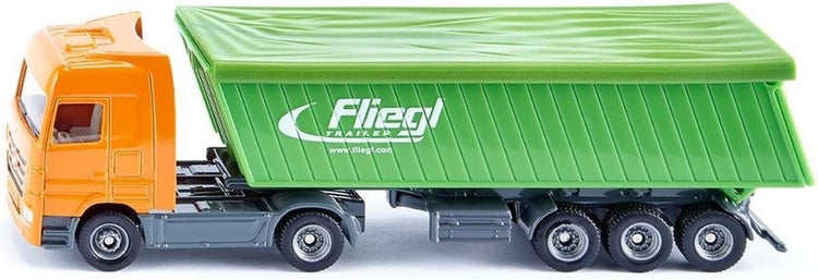 Siku 1796, Mercedes-Benz LKW, Maßstab 1:87, Metall-Kunststoff, mit abnehmbarer Dachplane aus elastischem Kunststoff, bewegliche Öffnung, abnehmbare Stütze mit Kippanhänger orange grün (1796)