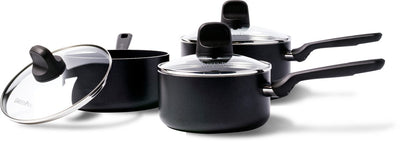 Greenpan Memphis Pfannenset 6-teilig – 16 18 20 cm – 1,6 2,1 3,1 l – PFAS-freie Antihaftbeschichtung – Kochtopf Induktion – Keramikpfanne – ofenfest bis 160 °C – Kaltgriffe – mit Glasdeckel – Schwarz