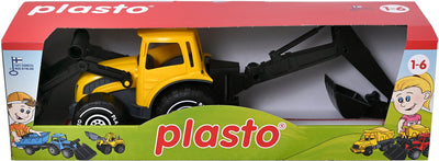 Plasto Traktor mit Frontlader und Baggerarm gelb 57 cm – Spielzeugfahrzeug – Baggerlader – Baggerarm – großer Traktor – BPA-frei – hergestellt in Finnland – ab 1 Jahr