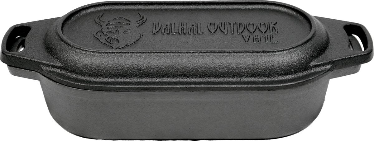 Valhal Outdoor – Auflauf-Doppelpfanne 1 l – kleiner holländischer Ofen, Gusseisen, oval, Grillmuster, vh1l