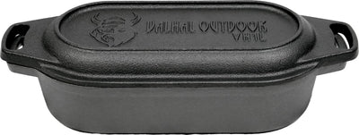 Valhal Outdoor – Auflauf-Doppelpfanne 1 l – kleiner holländischer Ofen, Gusseisen, oval, Grillmuster, vh1l