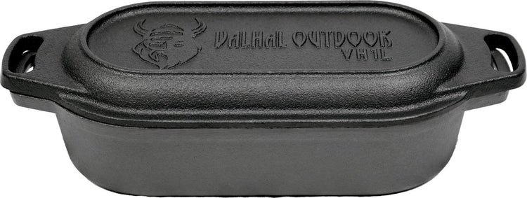 Valhal Outdoor – Auflauf-Doppelpfanne 1 l – kleiner holländischer Ofen, Gusseisen, oval, Grillmuster, vh1l