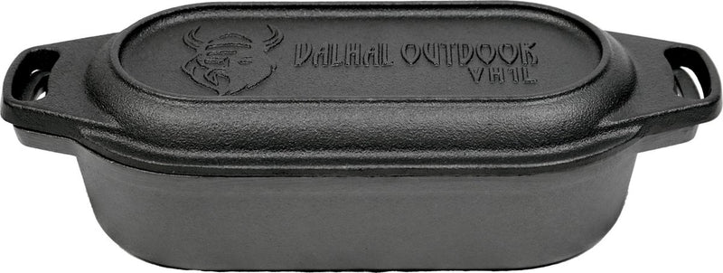 Valhal Outdoor – Auflauf-Doppelpfanne 1 l – kleiner holländischer Ofen, Gusseisen, oval, Grillmuster, vh1l