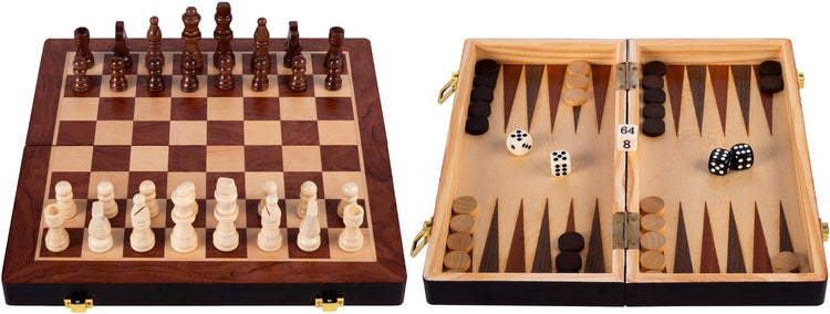 Engelhart Klappschach-Backgammon-Set – Schach- und Backgammonbrett aus Holz aus Eschenholz – Spielbrett 30 x 30 x 5,5 cm – Luxus-Reisebrett, tragbares Spielset – 2 Spiele in 1 –