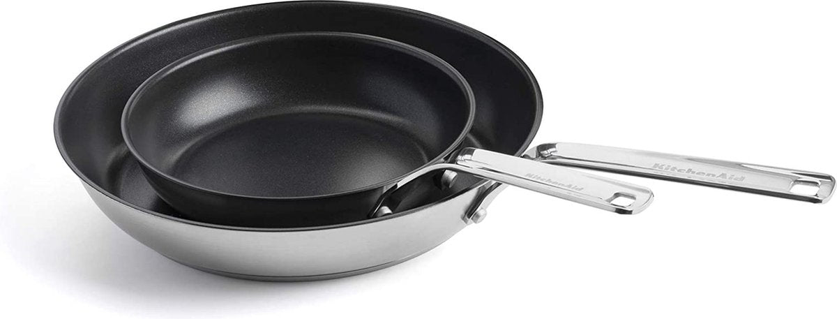 Kitchenaid Edelstahl-Bratpfannenset 2-teilig – 20 x 28 cm – PFAS-freie Antihaftbeschichtung – Induktionspfannenset – Keramikpfanne – ofenfest bis 160 °C – Silber