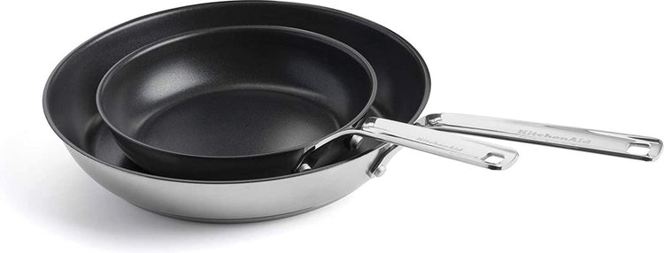 Kitchenaid Edelstahl-Bratpfannenset 2-teilig – 20 x 28 cm – PFAS-freie Antihaftbeschichtung – Induktionspfannenset – Keramikpfanne – ofenfest bis 160 °C – Silber