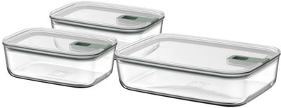 Mepal Glas-Lebensmittelbehälter-Set Easyclip – 2x 1000 + 2250 ml – Glas-Lebensmittelbehälter mit Schiebeverschluss – mikrowellengeeignet. (Dampf-)Ofen. Kühl- und Gefrierschrank – nordischer Salbei