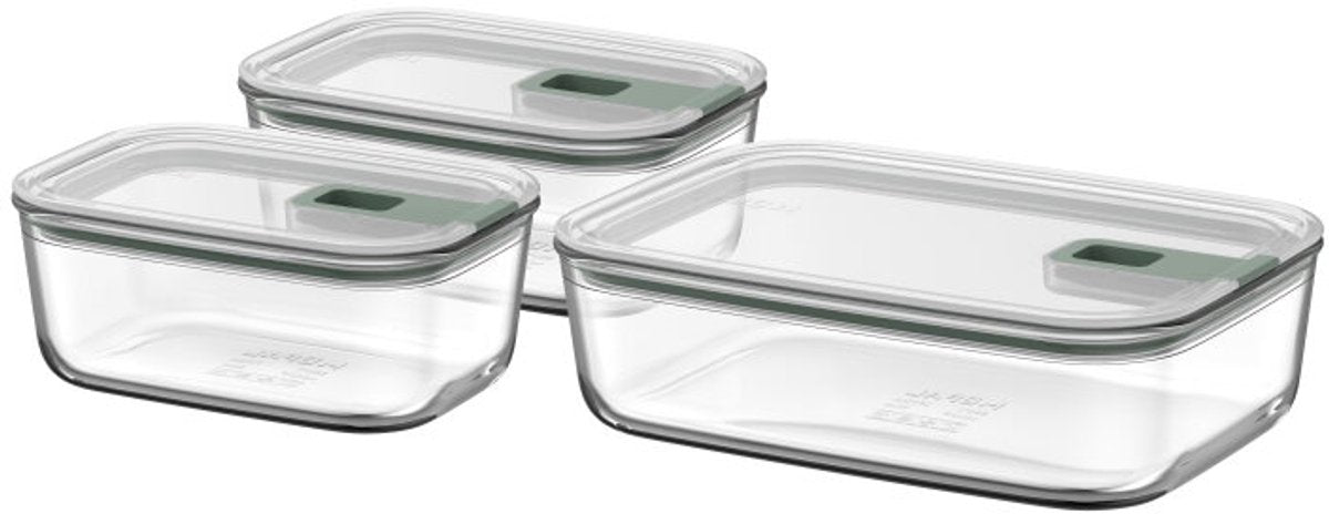 Mepal Glas-Lebensmittelbehälter-Set Easyclip – 2x 700 + 1500 ml – Glas-Lebensmittelbehälter mit Schiebeverschluss – mikrowellengeeignet. (Dampf-)Ofen. Kühl- und Gefrierschrank – nordischer Salbei