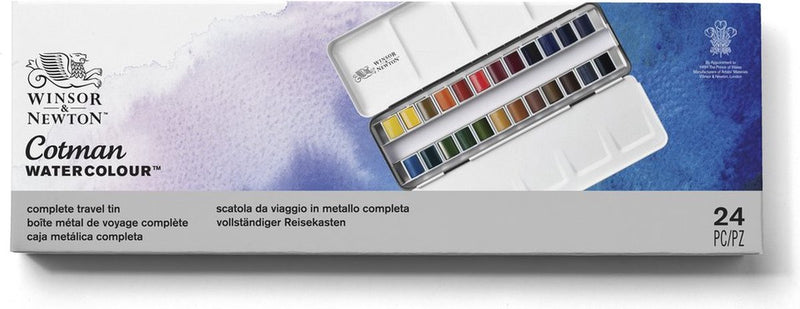 Winsor Newton 0390645 Cotman Aquarellfarben-Set – Skizzenbox aus Metall – 24 halbe Näpfchen