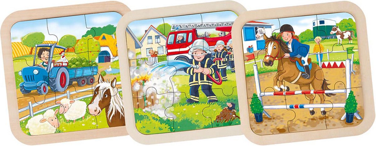 Goki Holzpuzzle Farm, Feuerwehr, Pferd, 9st.