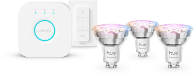 Philips Hue Essential Starter Kit – weißes und farbiges Licht – 1 Brücke – 3 GU10-Spots und Dimmschalter