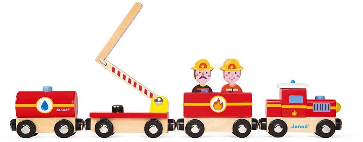 Janod-Geschichte – Feuerwehrzug – Magnetzug – 4 Magnetautos und 2 Feuerwehrleute – geeignet ab 3 Jahren