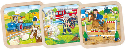 Goki Holzpuzzle Farm, Feuerwehr, Pferd, 9st.
