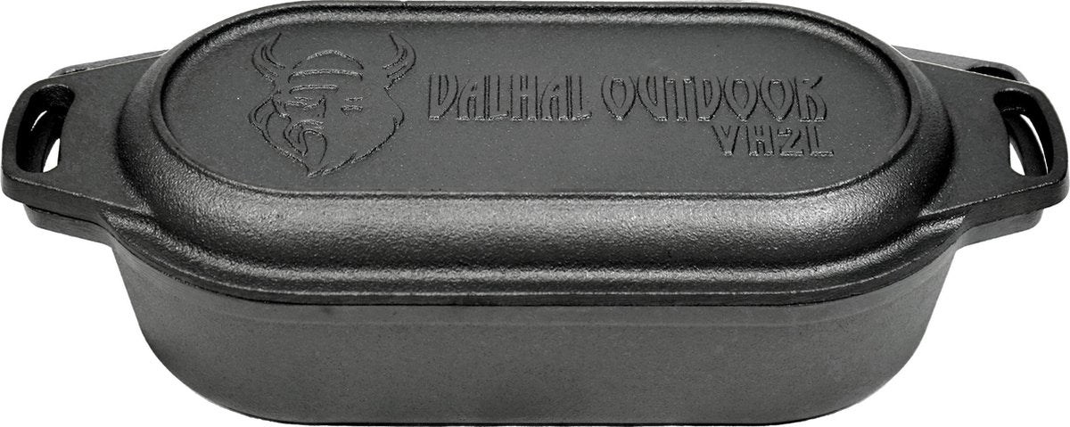 Valhal Outdoor – Auflauf-Doppelpfanne 2 l – kleiner holländischer Ofen, Gusseisen, oval, Grillmuster, vh2l