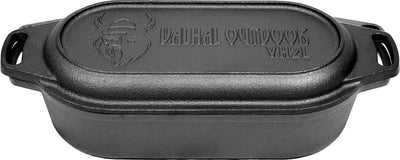 Valhal Outdoor – Auflauf-Doppelpfanne 2 l – kleiner holländischer Ofen, Gusseisen, oval, Grillmuster, vh2l