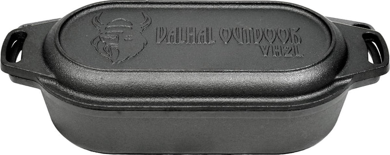Valhal Outdoor – Auflauf-Doppelpfanne 2 l – kleiner holländischer Ofen, Gusseisen, oval, Grillmuster, vh2l