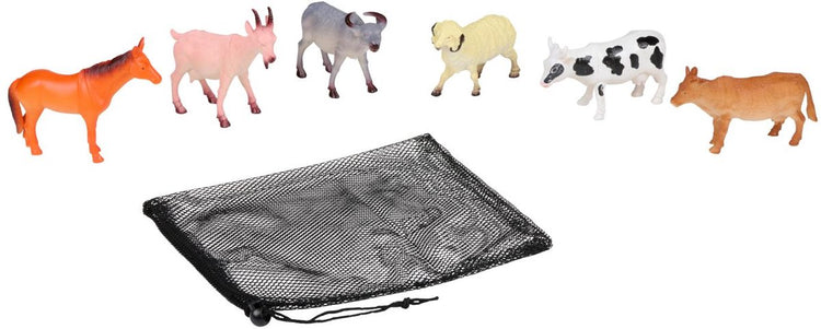 Eddy Toys Bauernhoftier-Spielset 6-teilig – Tierset mit Pferd, Kuh, Schaf, Ziege, Widder und Stier – inklusive Aufbewahrungsnetz