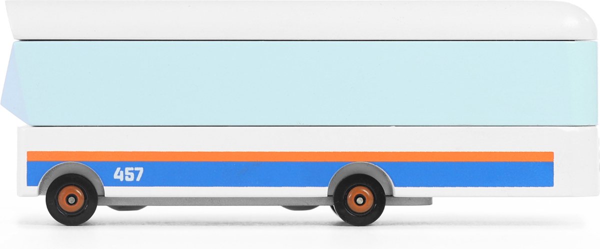 Candylab Spielzeugbus Candycar World Kleiner Stadtbus aus mehrfarbigem Holz.