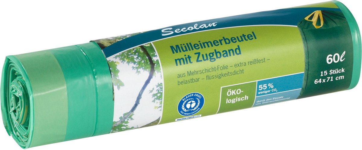 Secolan 1x Rolle Tret-Müllbeutel mit Kordelzug 60 l grün