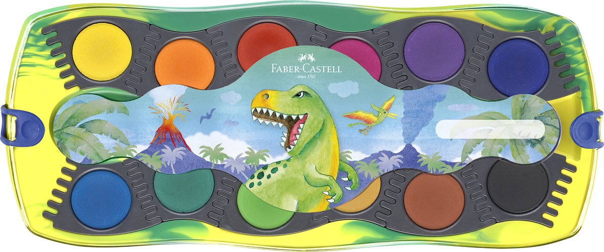 Faber-Castell Aquarellkasten-Anschluss Dino – 12 Farben + 1 Tube weiße Deckfarbe – FC-125036