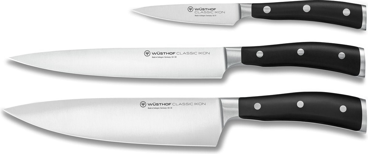 Wüsthof Wüsthof Classic Ikon Messerset – 3-teiliges Set (Kochmesser 20 cm, Tranchiermesser 20 cm, Büromesser 9 cm) – geschmiedeter Edelstahl – ergonomisch genieteter Griff – ideal für den professionellen und privaten Gebrauch