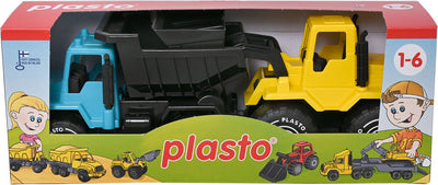 Plasto Muldenkipper und Bulldozer gelb blau 30 cm – Spielzeugfahrzeug – Set mit 2 x 30 cm – Muldenkipper und Bulldozer – Baufahrzeuge – BPA-frei – hergestellt in Finnland – ab 1 Jahr