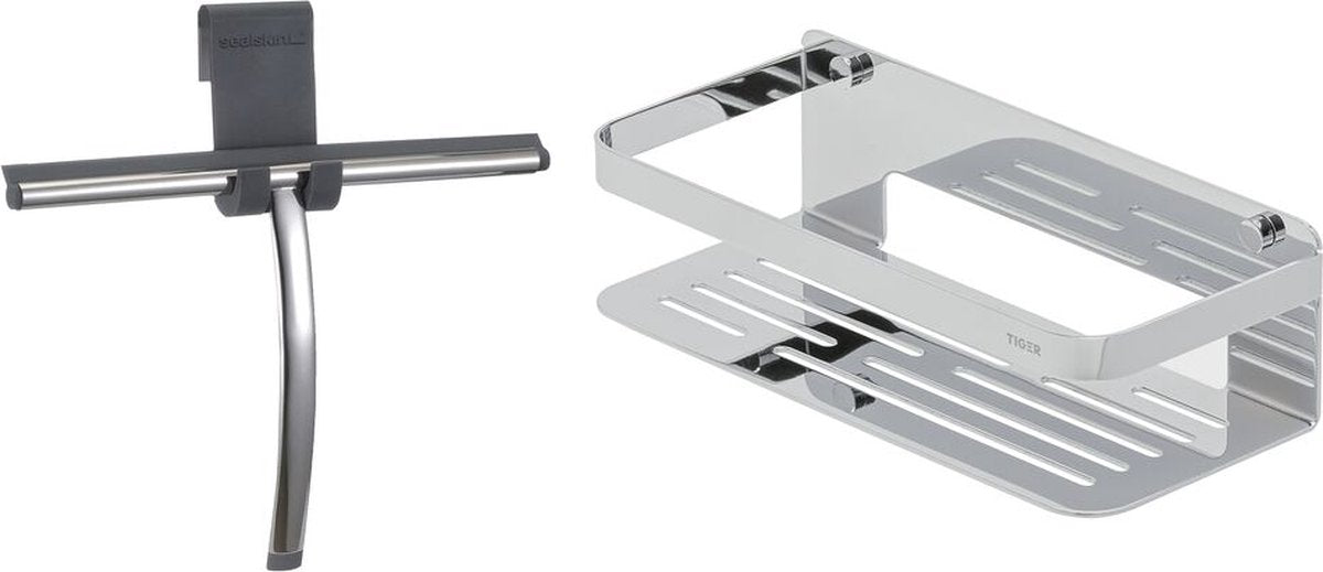 Tiger Caddy – Duschablage 24 cm mit Duschwischer inklusive Glashaken – Fensterwischer – Chrom