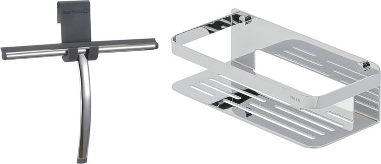 Tiger Caddy – Duschablage 24 cm mit Duschwischer inklusive Glashaken – Fensterwischer – Chrom