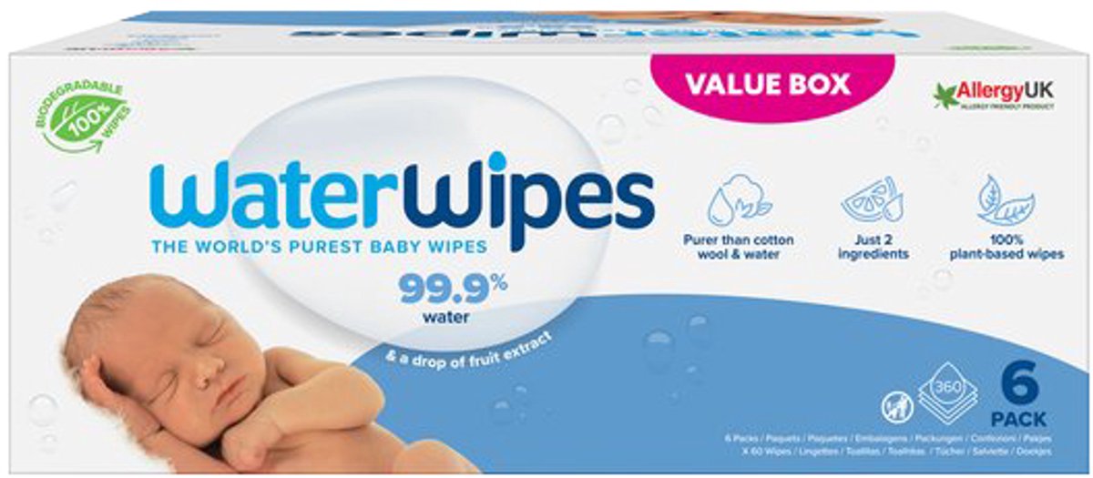 Waterwipes Babyfeuchttücher Bio – 6 x 60 Stück – 360 Tücher