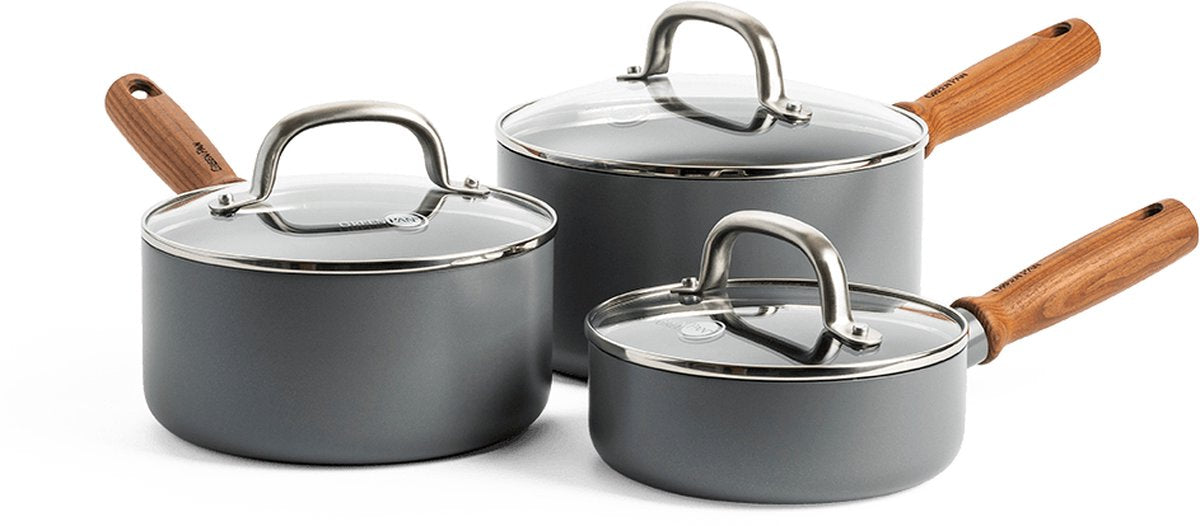 Greenpan Mayflower Pro Keramik-Pfannen-Set 6-teilig – 16, 18 und 20 cm – Induktions-Pfannen-Set – Kochtopf-Set Induktion – Kochtopf Induktion – mit Glasdeckel – PFAS-frei – grau – Holzgriff