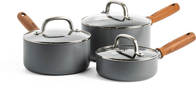 Greenpan Mayflower Pro Keramik-Pfannen-Set 6-teilig – 16, 18 und 20 cm – Induktions-Pfannen-Set – Kochtopf-Set Induktion – Kochtopf Induktion – mit Glasdeckel – PFAS-frei – grau – Holzgriff